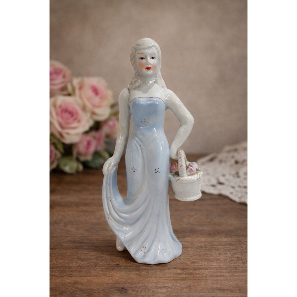 Ceramic Woman Figurine Hand Painted Light Blue White Basket Flower Glossy Decor